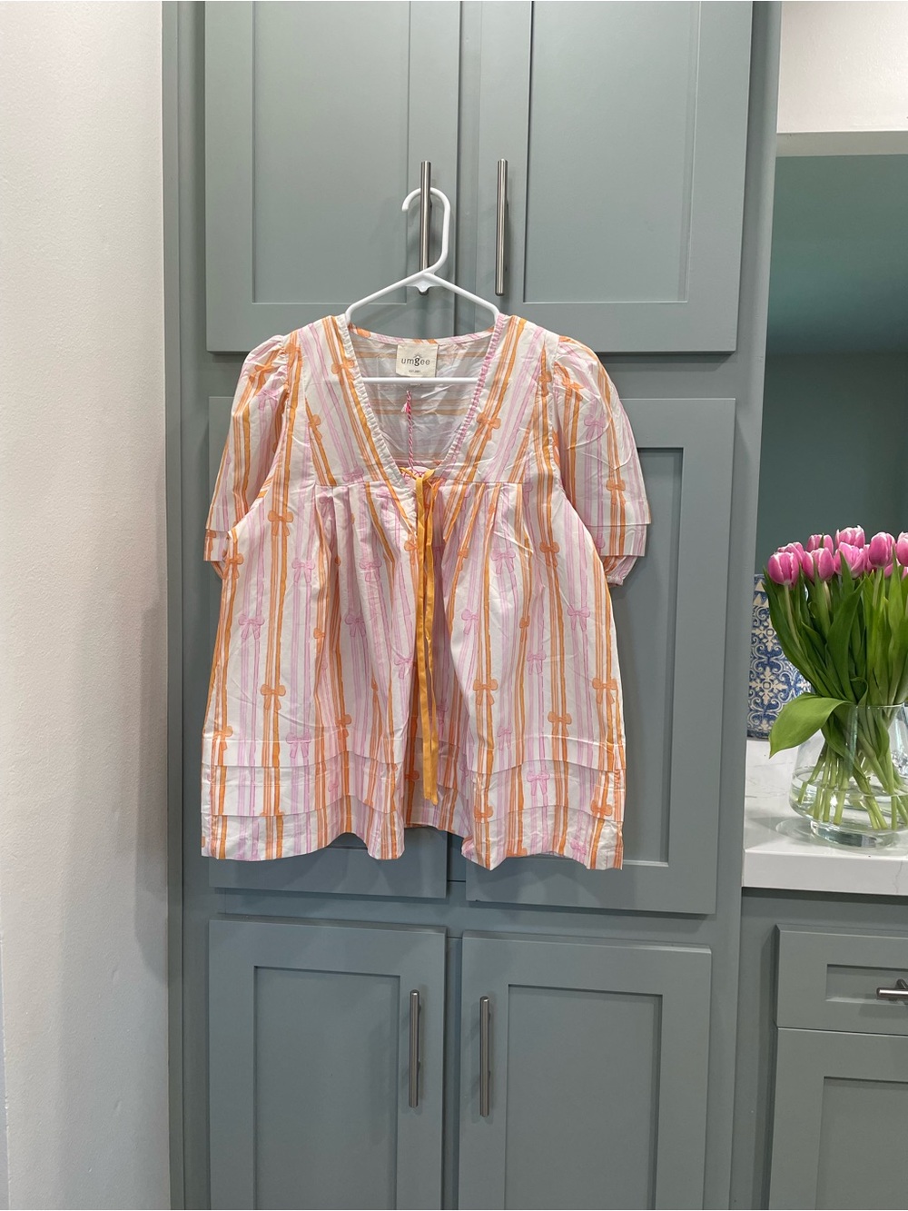 Quince Girls Orange & Pink Striped Peasant Blouse